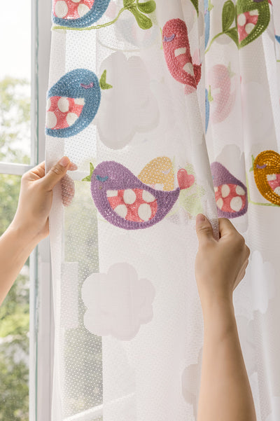 White Sheer kids Curtains Colorful Embroidered Birds