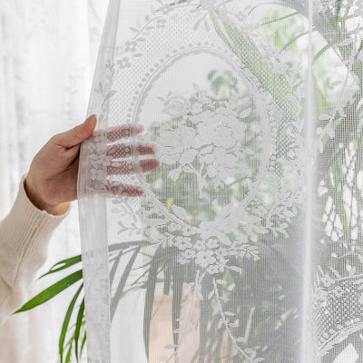 White Lace Sheer Curtains Rose Mirror Embroidery Jacquard