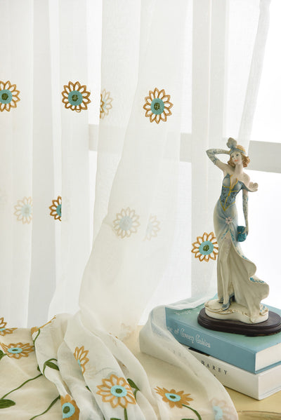 White Sheer Curtains Sunflower Daisy Embroidery