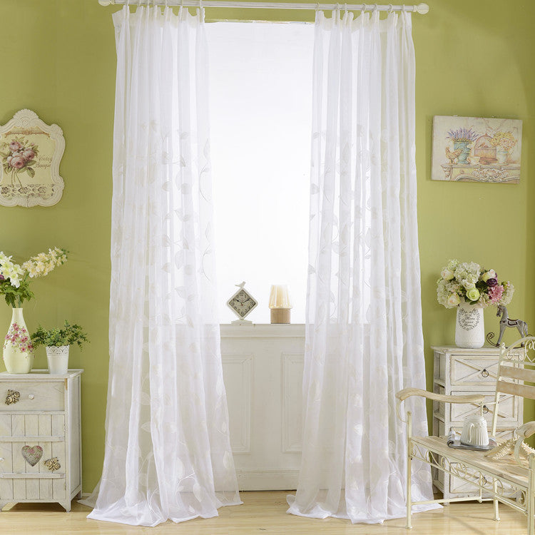 White Sheer Curtains White Leaf Vines Embroidery