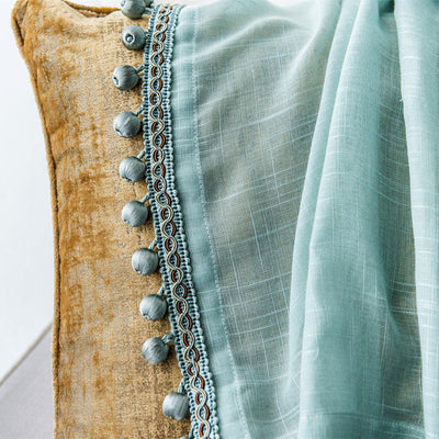 Luxury Green Sheer Curtains Pompoms Embroidery Trim