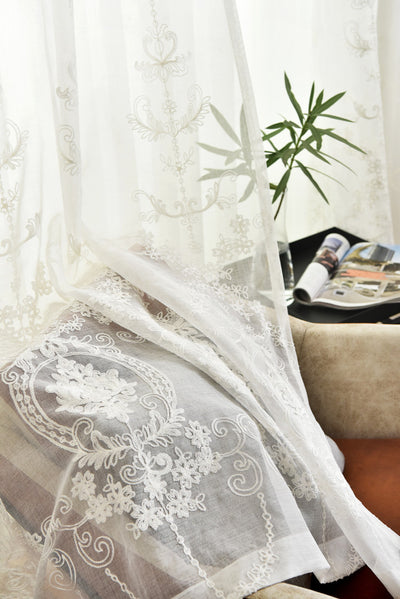 White Sheer Curtains Retro Royal Flower Embroidery