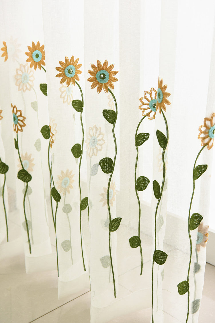 White Sheer Curtains Sunflower Daisy Embroidery