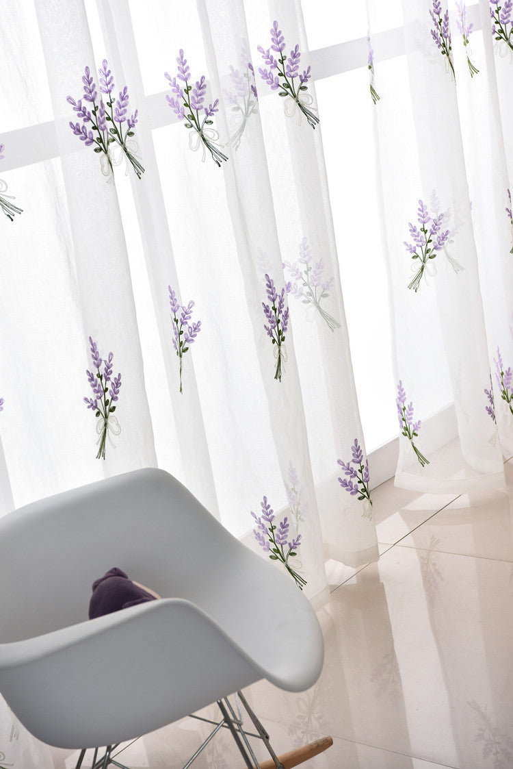 White Sheer Curtains Purple Lavender Bouquet Embroidery