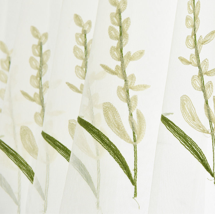 White Sheer Curtains Rice Green Plant Flower Embroidery