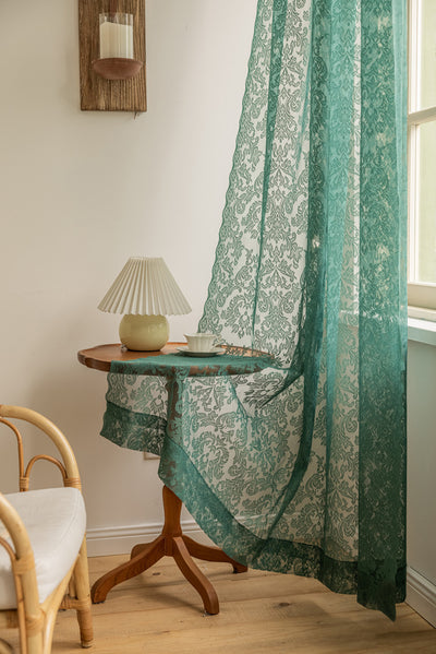 Sheer Curtains Green Lace Trim Embroidery