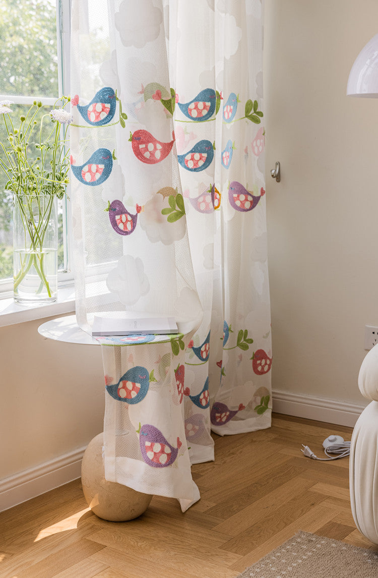 White Sheer kids Curtains Colorful Embroidered Birds