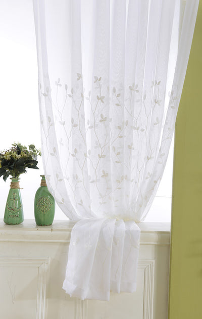 White Sheer Curtains Branch Leaf Embroidery