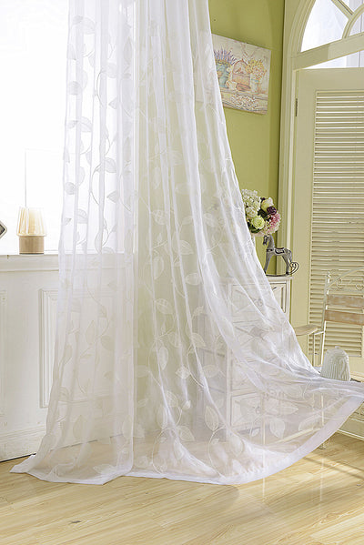 White Sheer Curtains White Leaf Vines Embroidery