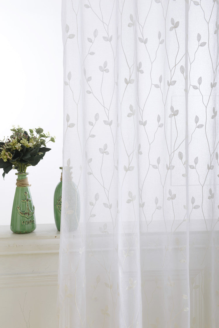 White Sheer Curtains Branch Leaf Embroidery