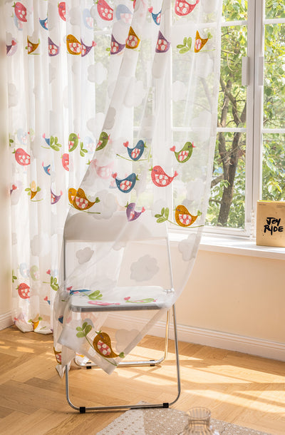 White Sheer kids Curtains Colorful Embroidered Birds