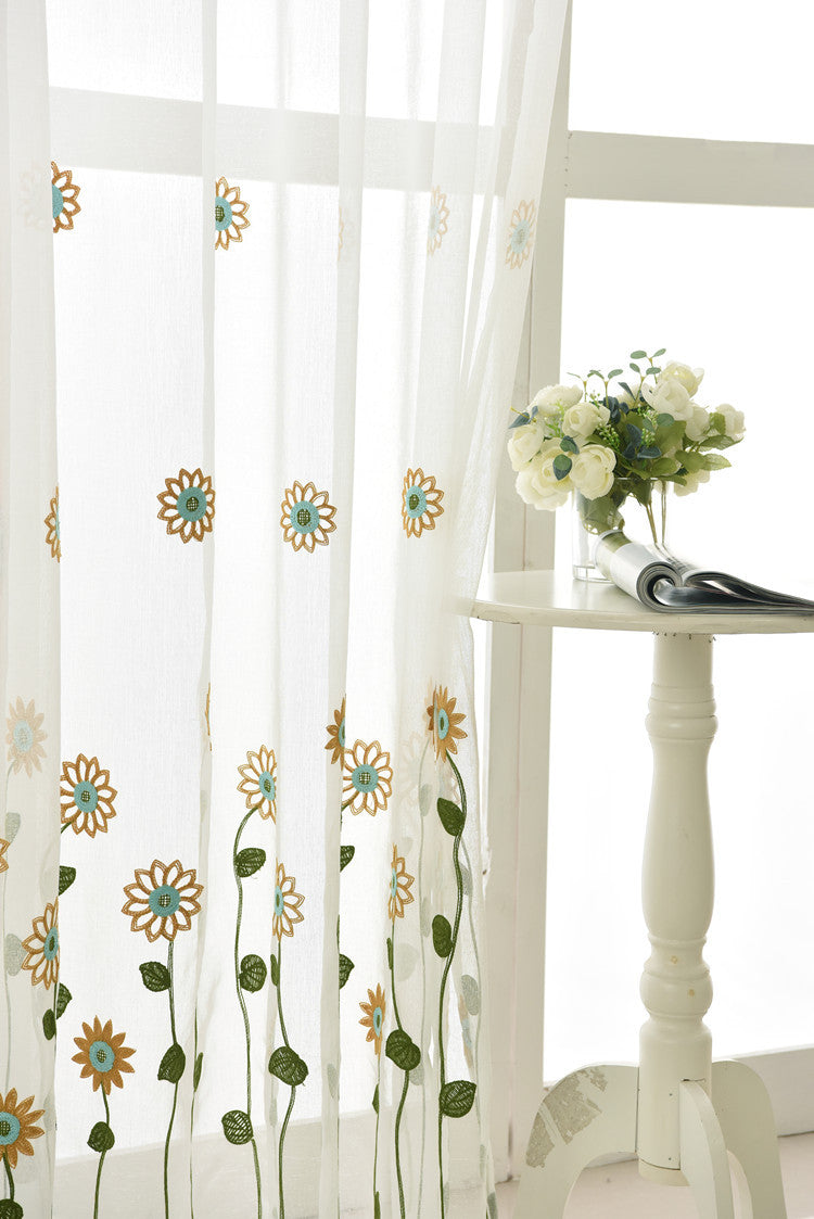 White Sheer Curtains Sunflower Daisy Embroidery