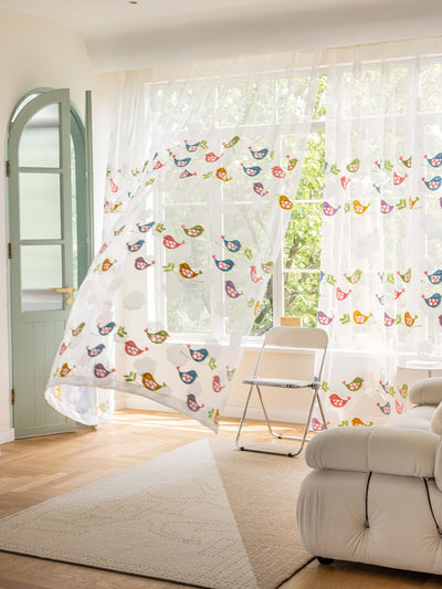 White Sheer kids Curtains Colorful Embroidered Birds