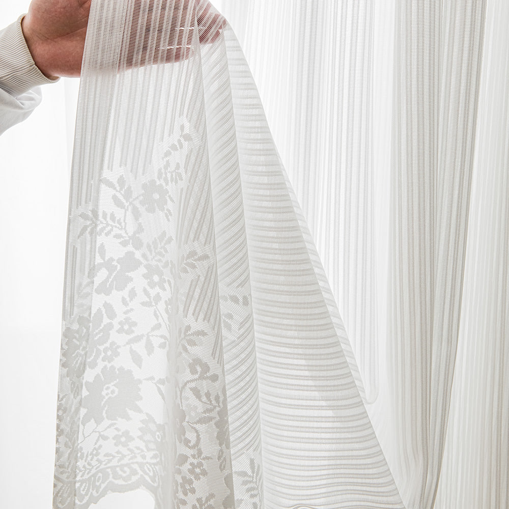 White Lace Sheer Curtains with Exquisite Vertical Rose Vine Jacquard Pattern